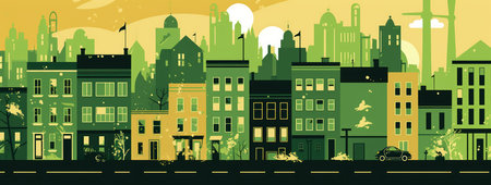 Cityscape with buildings and street in flat style. Vector illustration.の素材