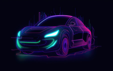 Vector illustration of a car in neon light on a dark background.の素材