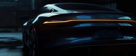Black sport car with glowing headlights close-up. 3d renderingの素材