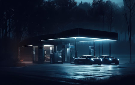 Gas station at night with fog and cars. 3d rendering.の素材