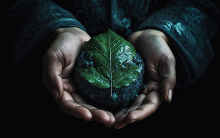 Hands holding a stone with a green leaf on a black backgroundの素材