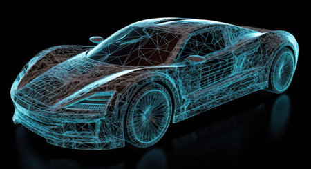 Concept car wireframe on a black background. 3d renderingの素材