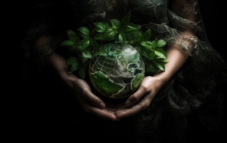 Hands holding earth globe with green leaf on black background, Save the Earth conceptの素材