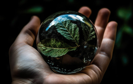 Human hands holding a glass globe with green leaf on black background.の素材