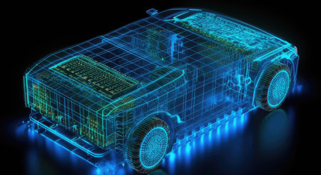 3d rendering of a car with a circuit on the background.の素材