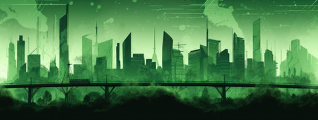 Green cityscape with a bridge and skyscrapers in the fogの素材