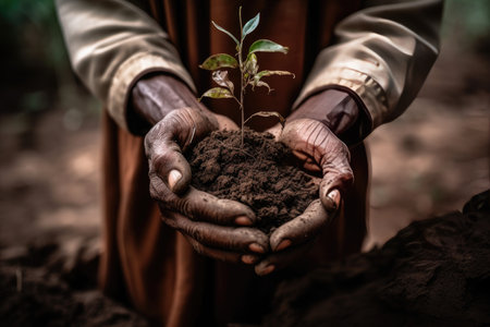Hands of african woman holding a small green plant in soilの素材