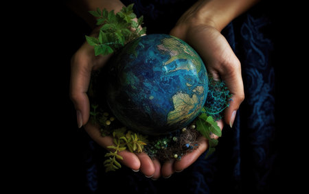 Woman hands holding earth globe and plant on black background, save earth conceptの素材
