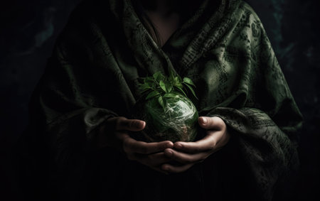 Hands of a woman in a green robe with a plant in her handsの素材