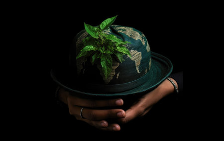 Hands of a woman holding a plant in a hat on a black backgroundの素材