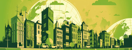Cityscape with buildings and globe. Vector illustration in retro style.の素材