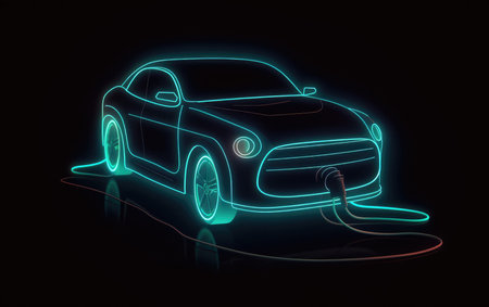 Electric car in neon light on a black background. 3d renderingの素材
