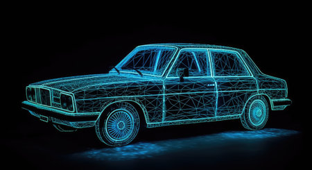 3d rendering of a wireframe car on a dark background.の素材