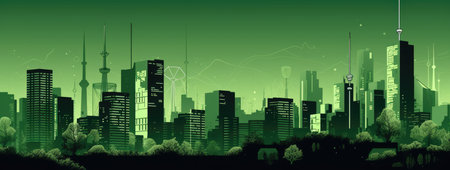 Cityscape with skyscrapers and trees. Vector illustration in green colors.の素材