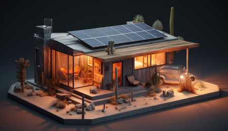 3D illustration of a house with solar panels on the roof.の素材