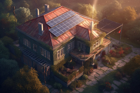 3d render of house with solar panels on roof and green gardenの素材