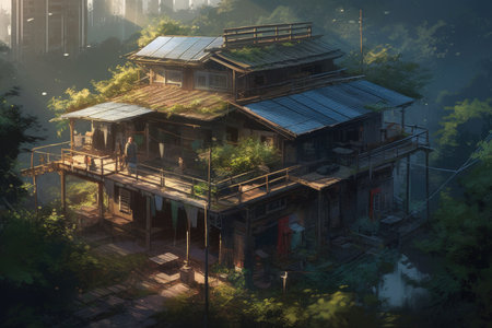 3d rendering of a japanese traditional house in the forestの素材