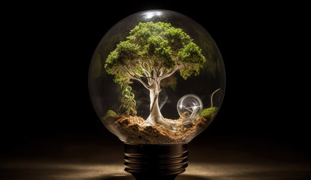 Glass globe with tree inside on dark background. Environment conservation concept.の素材
