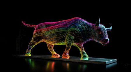 Silhouette of a bull made of colored lines on a black backgroundの素材