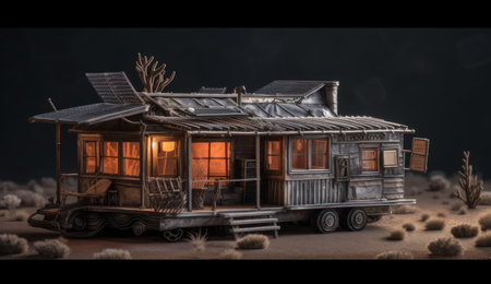 3D rendering of a wooden house in the desert on a black backgroundの素材