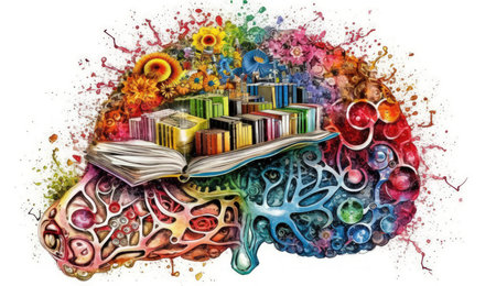 Open book with colorful abstract brain on white background. Education and learning conceptの素材
