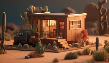 3d rendering of a house in the desert with cactiの素材