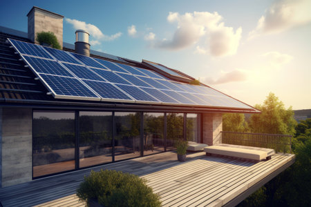 Solar panels on the roof of a house with a beautiful landscape.の素材
