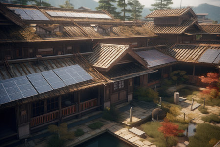 Traditional japanese house with solar panels and wooden roof tiles.の素材