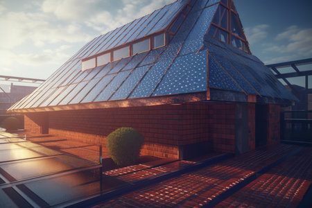 3d render of modern house with solar panels on roof against blue skyの素材