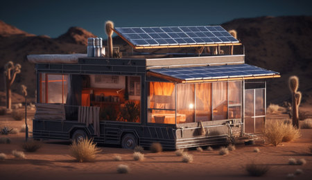 3D rendering of a retro house in the desert with solar panelsの素材