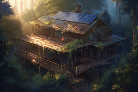 Wooden house with solar panels in the forest. Digital painting.の素材