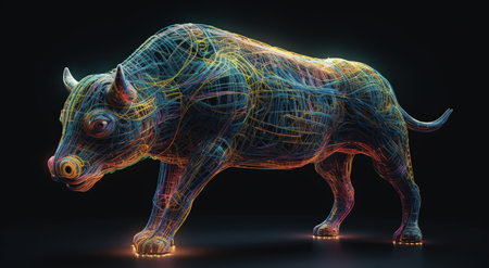 3d rendering of a wireframe bull isolated on a black backgroundの素材