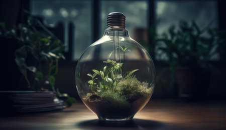 Small plant in a glass bottle on the table in the dark roomの素材