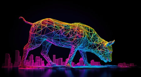 3d rendering of abstract low poly wireframe animal on dark backgroundの素材