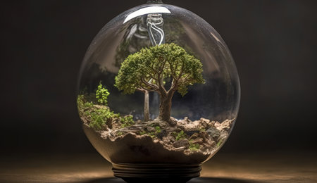 Glass globe with tree inside on dark background. Concept of environmental conservation.の素材