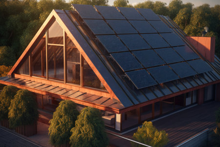 3d render of a modern house with solar panels on roof.の素材