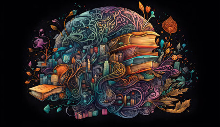 Hand drawn illustration with books and tree on black background. Education conceptの素材