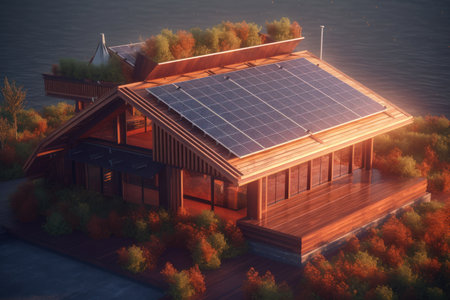 Solar panels on the roof of a wooden house. 3D renderingの素材