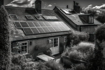 Black and white image of a house with solar panels on roof.の素材