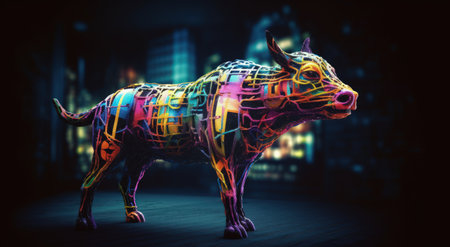3D rendering of a stylized bull with colorful neon lights.の素材