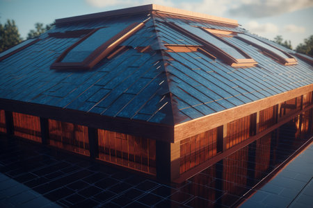 Wooden roof of a modern house in the evening light. Toned.の素材