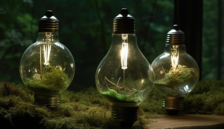 Vintage incandescent Edison light bulbs on moss in forest.の素材