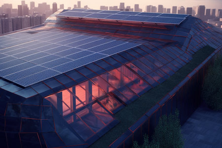 Solar panels on the roof of a modern building. 3D renderingの素材