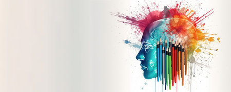 Human head with pencils and colorful paint splashes on white backgroundの素材