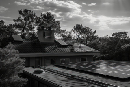 Solar panels on the roof of the house. Black and white photo.の素材