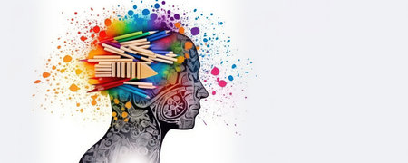 Human head with colorful pencils on white background. Vector illustration.の素材