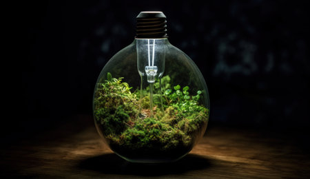 Glass light bulb with green moss inside on dark background. Eco conceptの素材