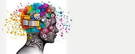 Human head with gears and cogwheels. Artificial intelligence and machine learning conceptの素材
