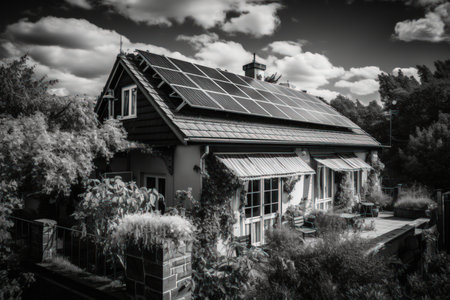 House with solar panels on the roof. Black and white photo.の素材