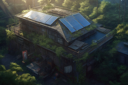 Abandoned house with solar panels on roof. 3d renderingの素材